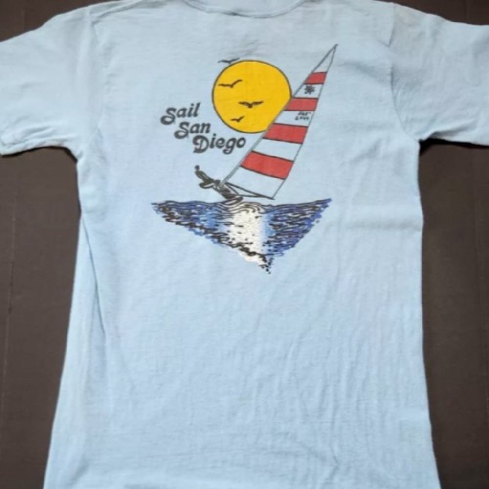 VTG 80s Russell California Sailing Back Graphic‎ T-Shirt Soft Cotton USA Tee